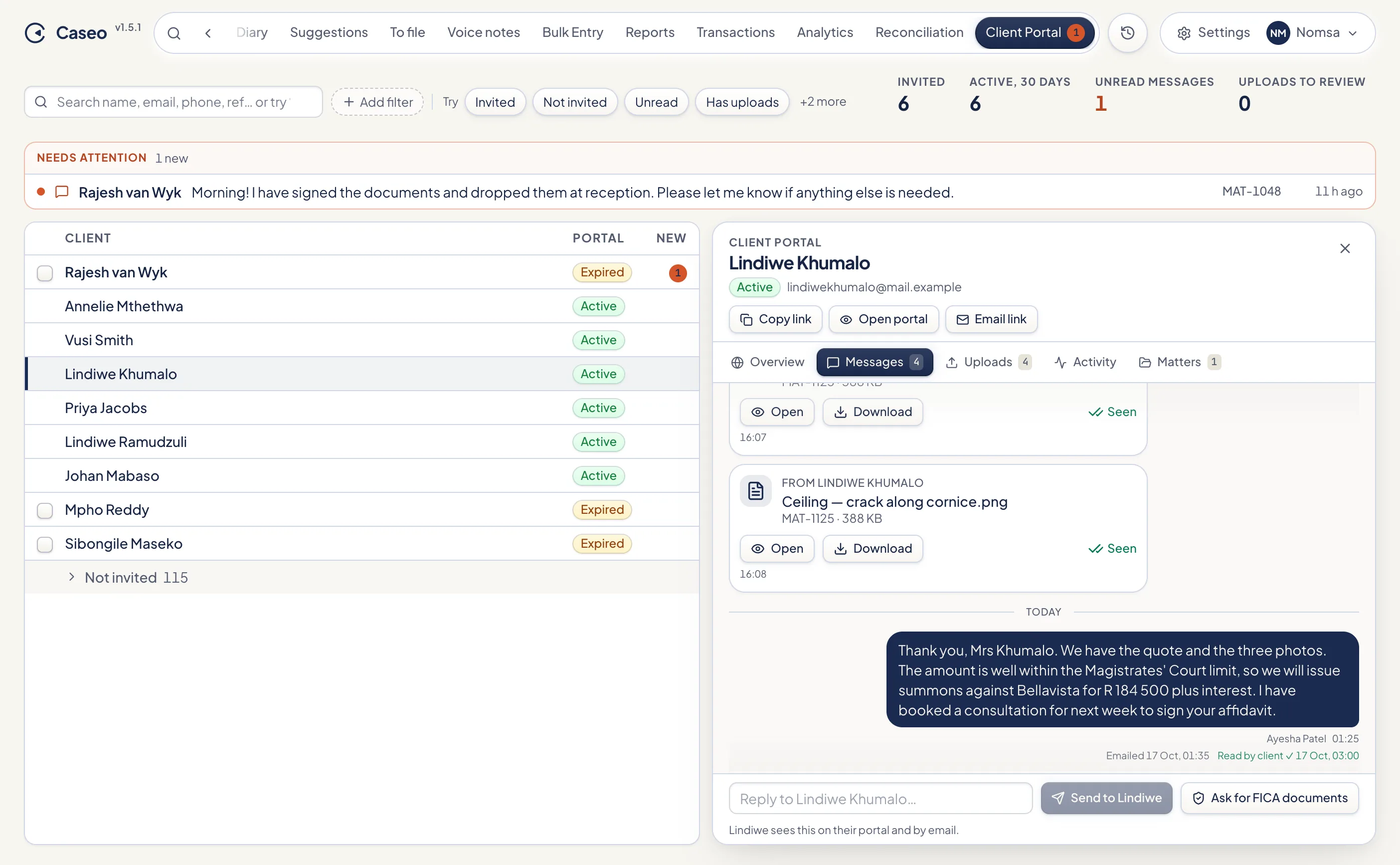 Client portal admin view with a client's message thread: the client sends a quote and photos, the attorney replies.