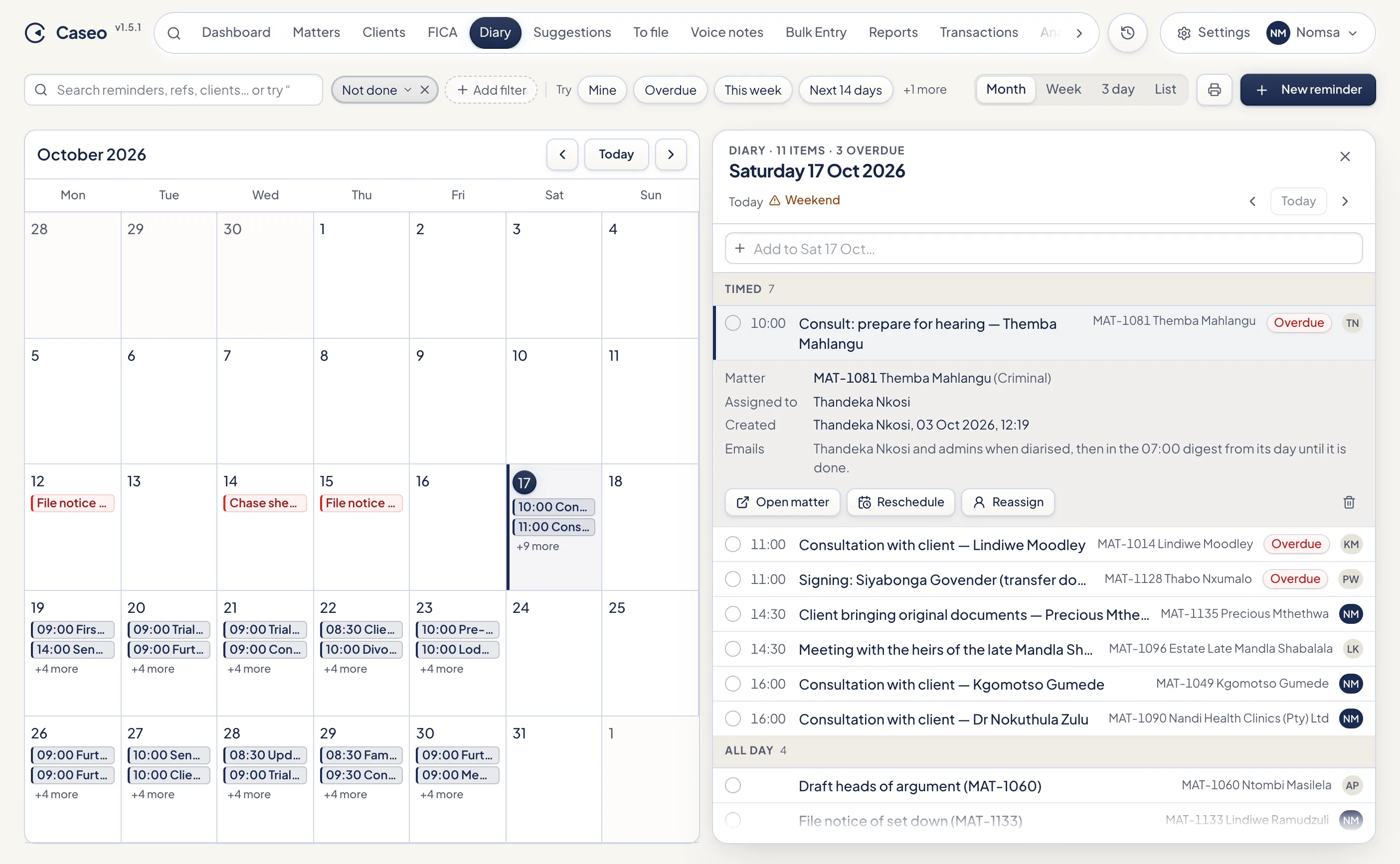 Month calendar with a day open showing a diary entry, its matter, who it is assigned to and who gets emailed.