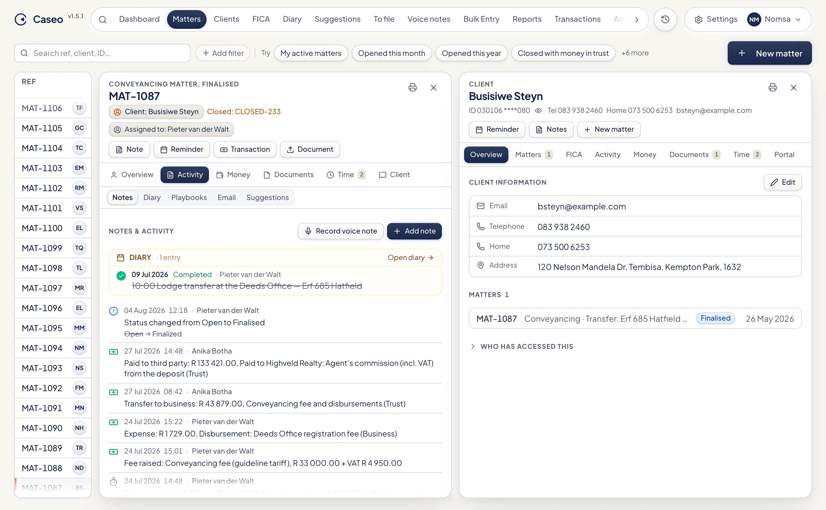 Matters list with a criminal matter open beside it, showing notes, diary and status history, and the client's trust summary in a second panel.