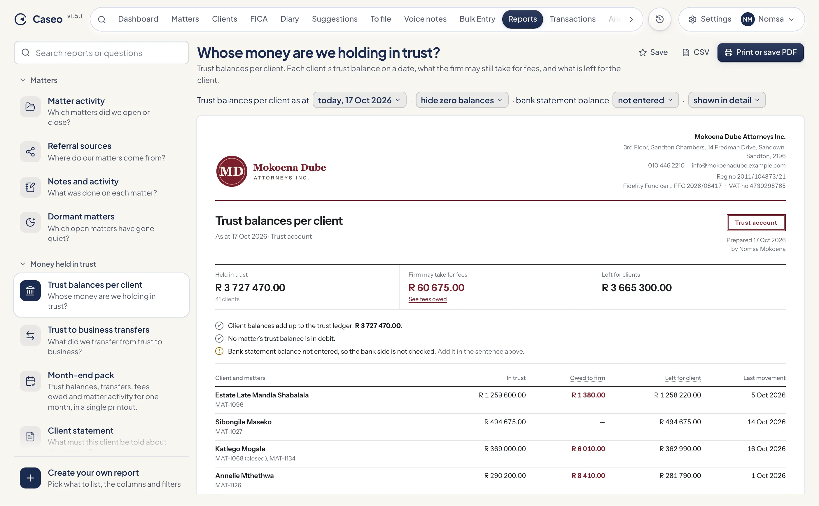 Trust balances per client report on a firm letterhead, with totals held in trust and a check that client balances add up to the trust ledger.
