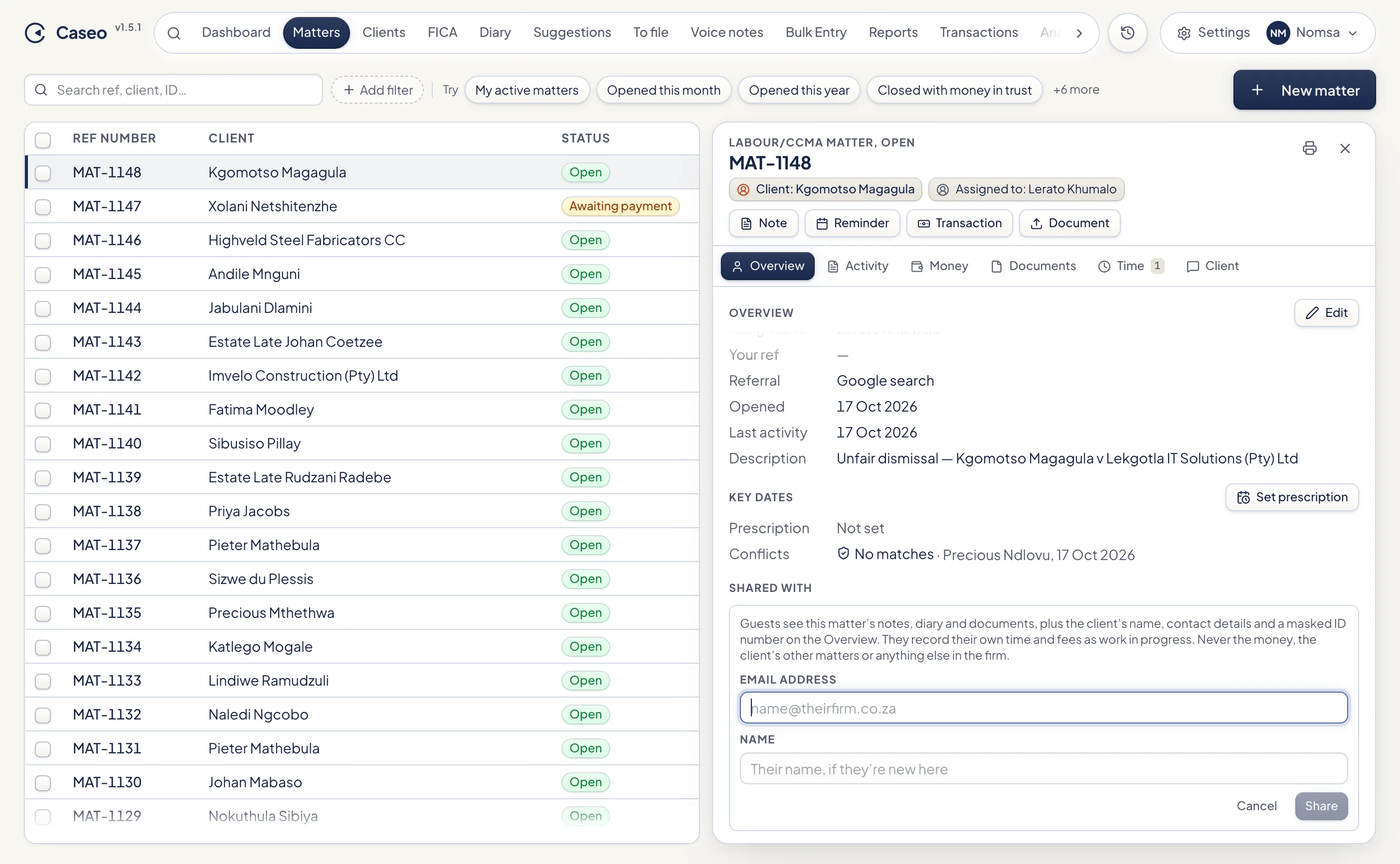 A matter with the Share dialog open and one guest attorney from another firm added to it.