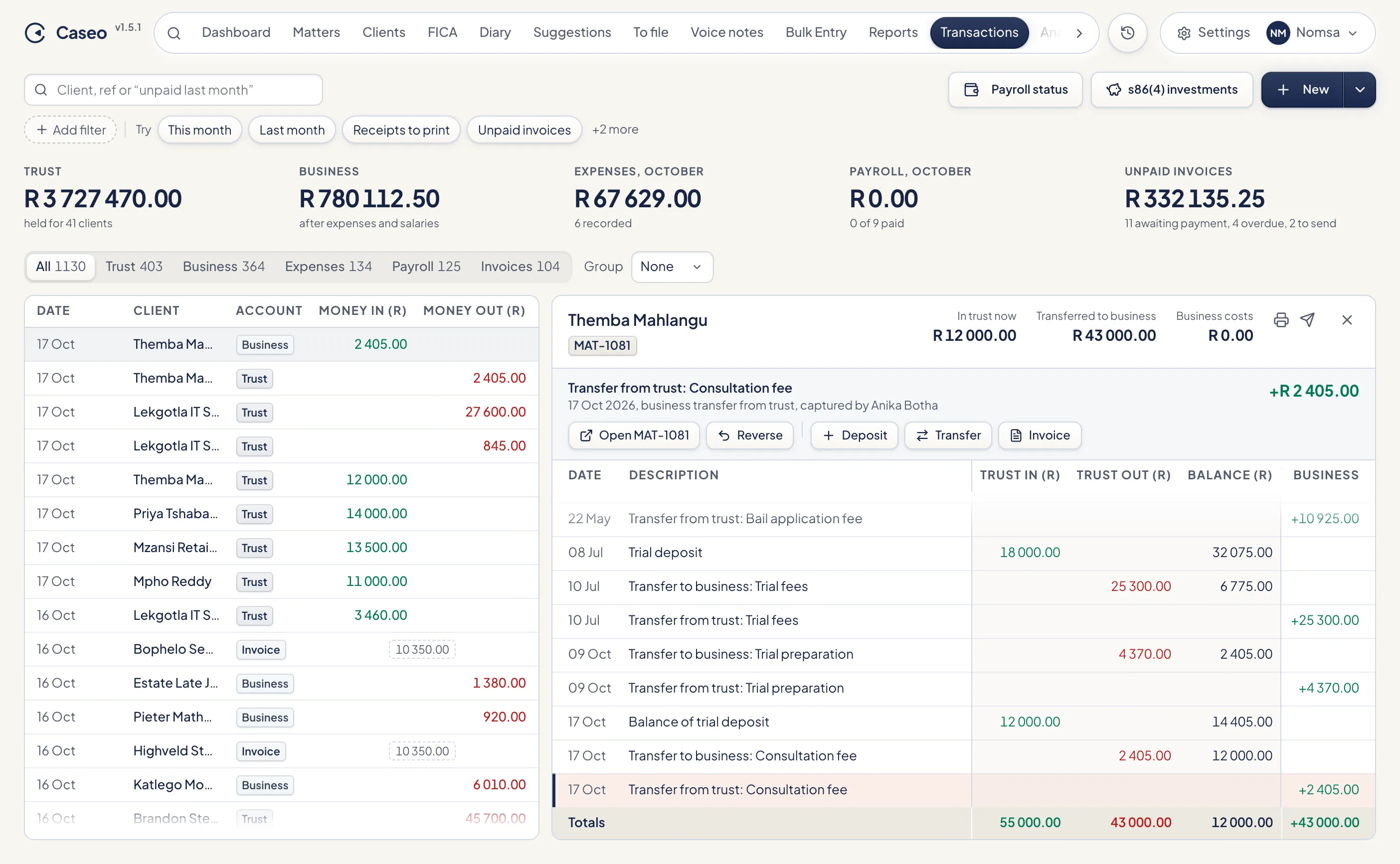 Transactions ledger filtered to this month, with one client's trust and business movements and running balance open beside it.